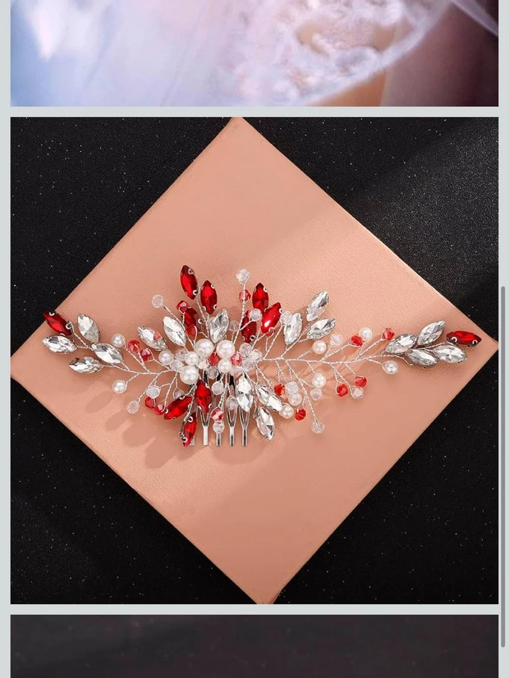 Amazon Red and Silver Bridal Hair Comb with Pearls and Crystals